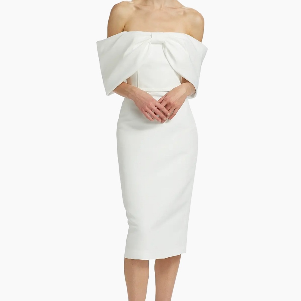NWT Amsale White Bow Off-The-Shoulder Cocktail Dress, Size 14